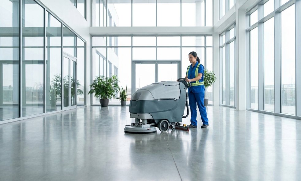 Commercial cleaner operating a floor scrubber in a bright modern office lobby